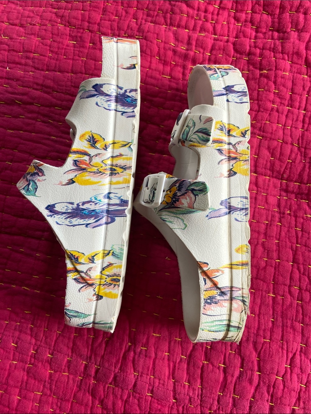 MIA White Floral Double Buckle Slide Sandals